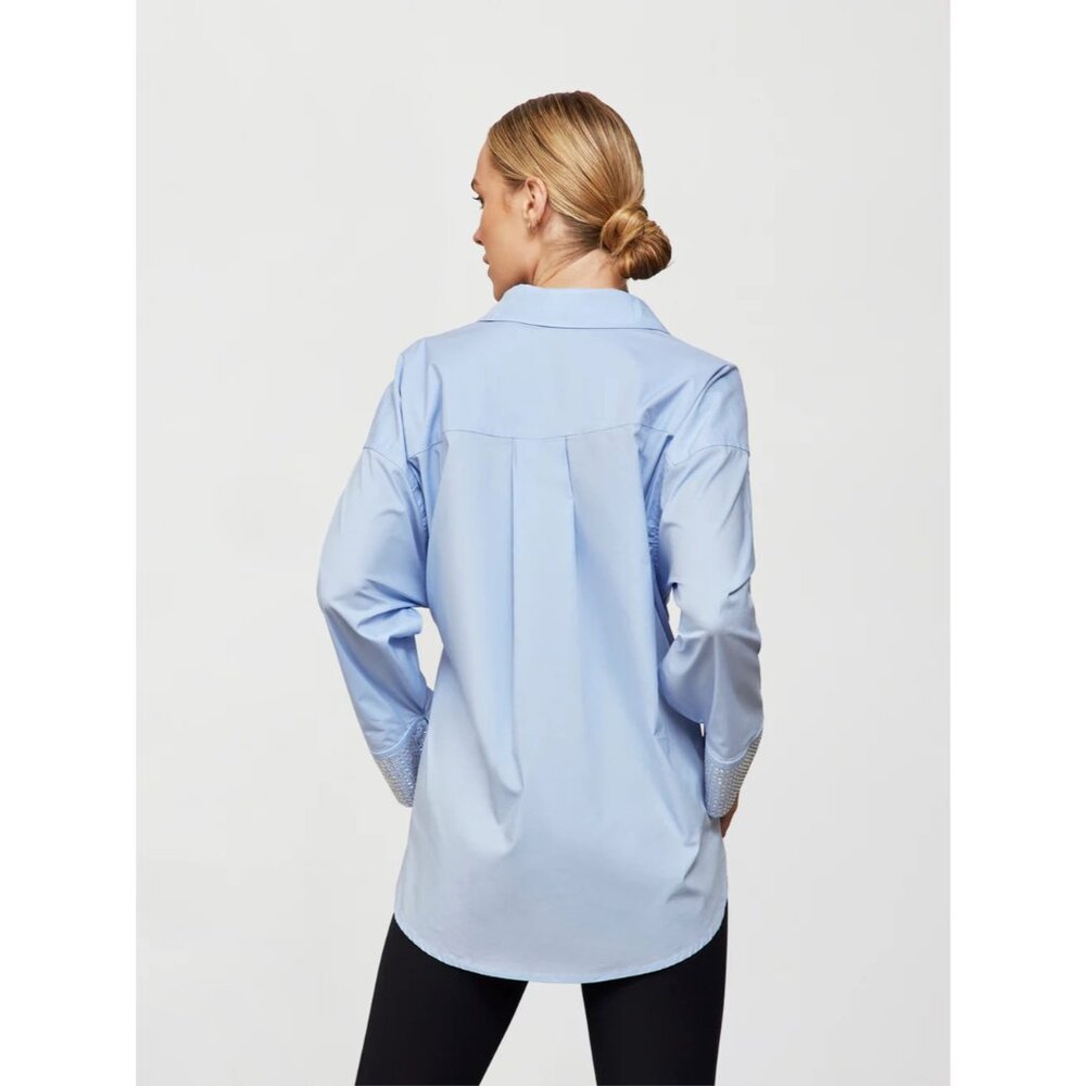 Carbon38 Women's Rhinestone Oversized Button Up Shirt Size Small Light Blue - Picture 2 of 9